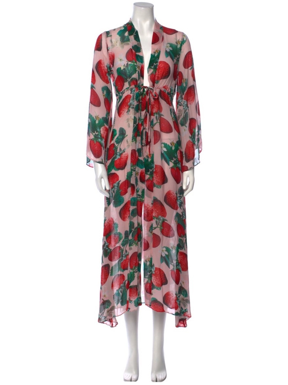 Sheer Strawberry-Print Long Kimono Tunic - Pink/Red - Picture 3 of 16